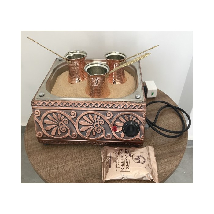 Turkish Copper Sand Coffee Machine with 3 Coffee Pots and 250gr Turkish Coffee