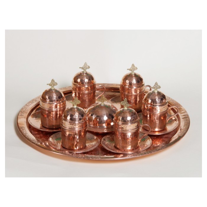 Copper Turkish Coffee Set 6 Persons Coffee Cups and Saucers with Delight Bowl