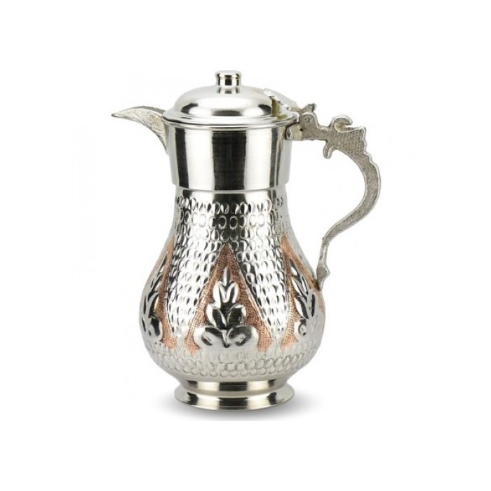 Solid Copper Handmade Engraved Jug Pitcher Carafe 2L Copper Vessel for Drinking Water Silver Color